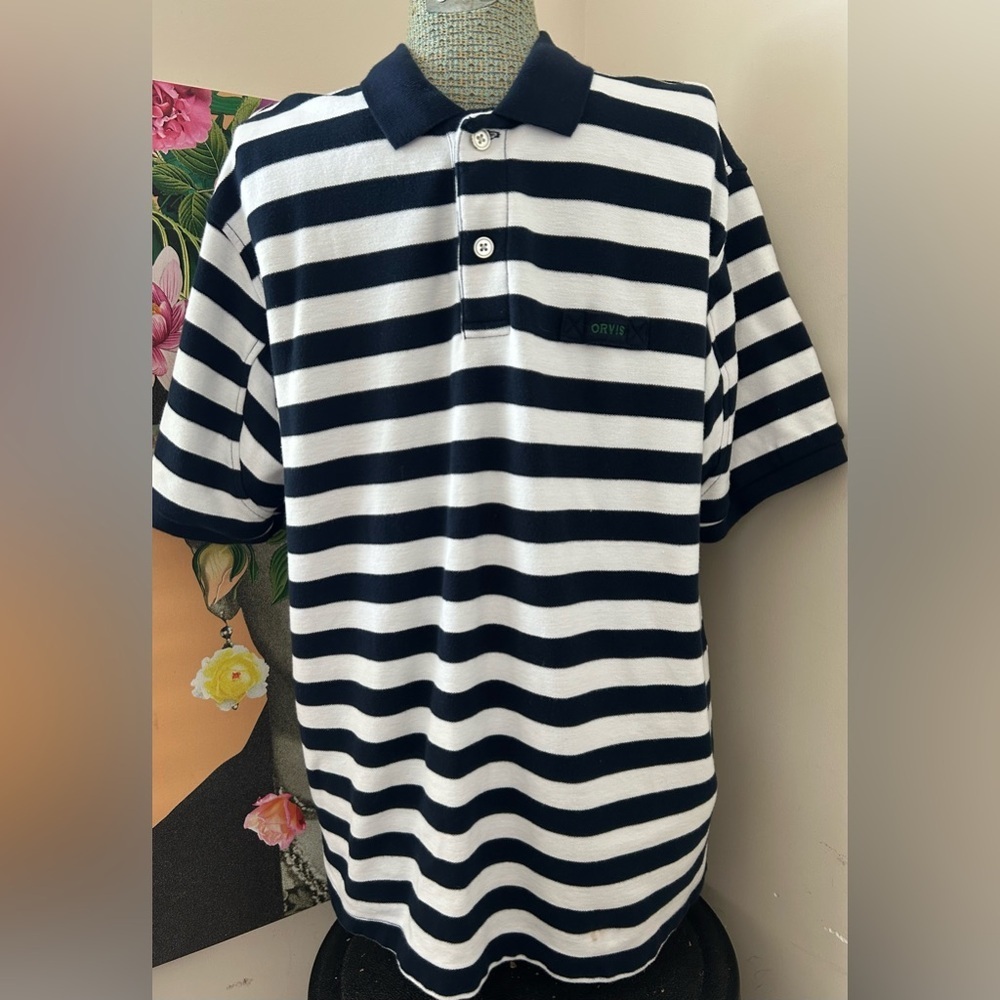ORVIS SIGNATURE RUGBY POLO SHIRT. NAVY BLUE/WHITE STRIPES. Sz. L